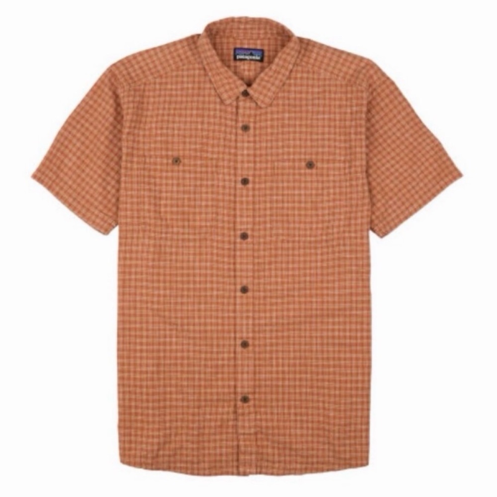 PATAGONIA • Rust Orange Plaid Hemp/Cotton Button-Down Short Sleeve Shirt, M - Picture 2 of 7